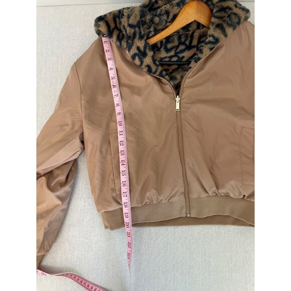 Reversible NY&C Womens Hooded Bomber Jacket With "Leopard" Feaux fur Print & Tan - Picture 10 of 12